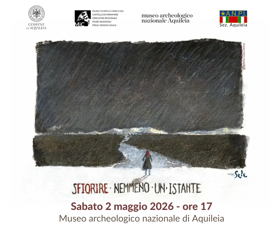 Locandina dell'evento con immagine di cupo paesaggio di pianura con donna di spalle che imbocca una strada