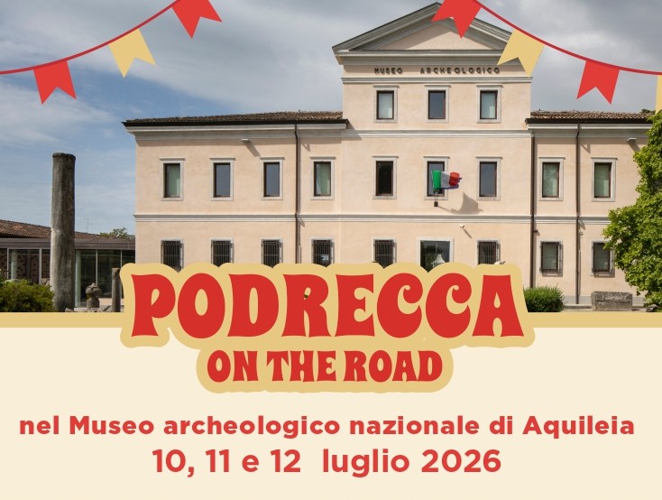 Locandina dell'evento con immagine della facciata del museo di Aquileia