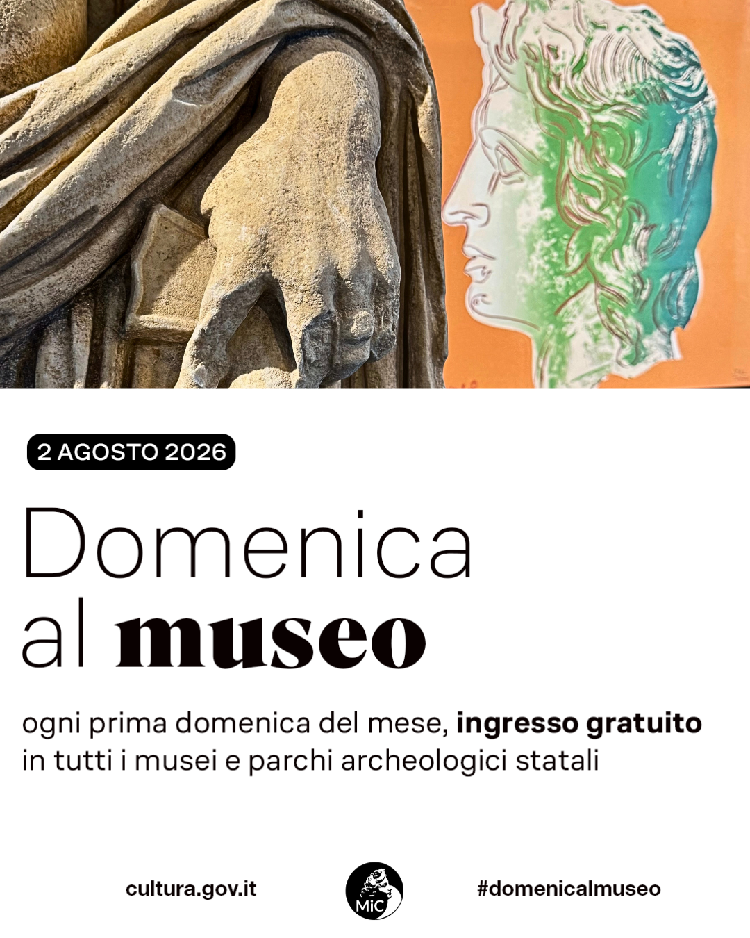 Locandina dell'iniziativa Domenica al museo con dettaglio di una scultura della collezione e sullo sfondo una delle opere di pop art esposte al museo nell'ambito di una mostra di arte contemporanea.